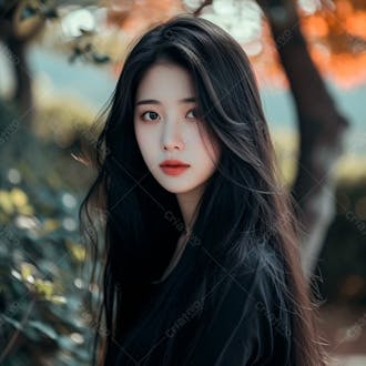 Mulher coreana com longos cabelos negros e olhos amendoados cativantes 30