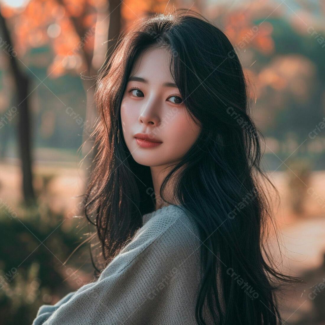 Mulher com cabelo longo e escuro em parque de outono