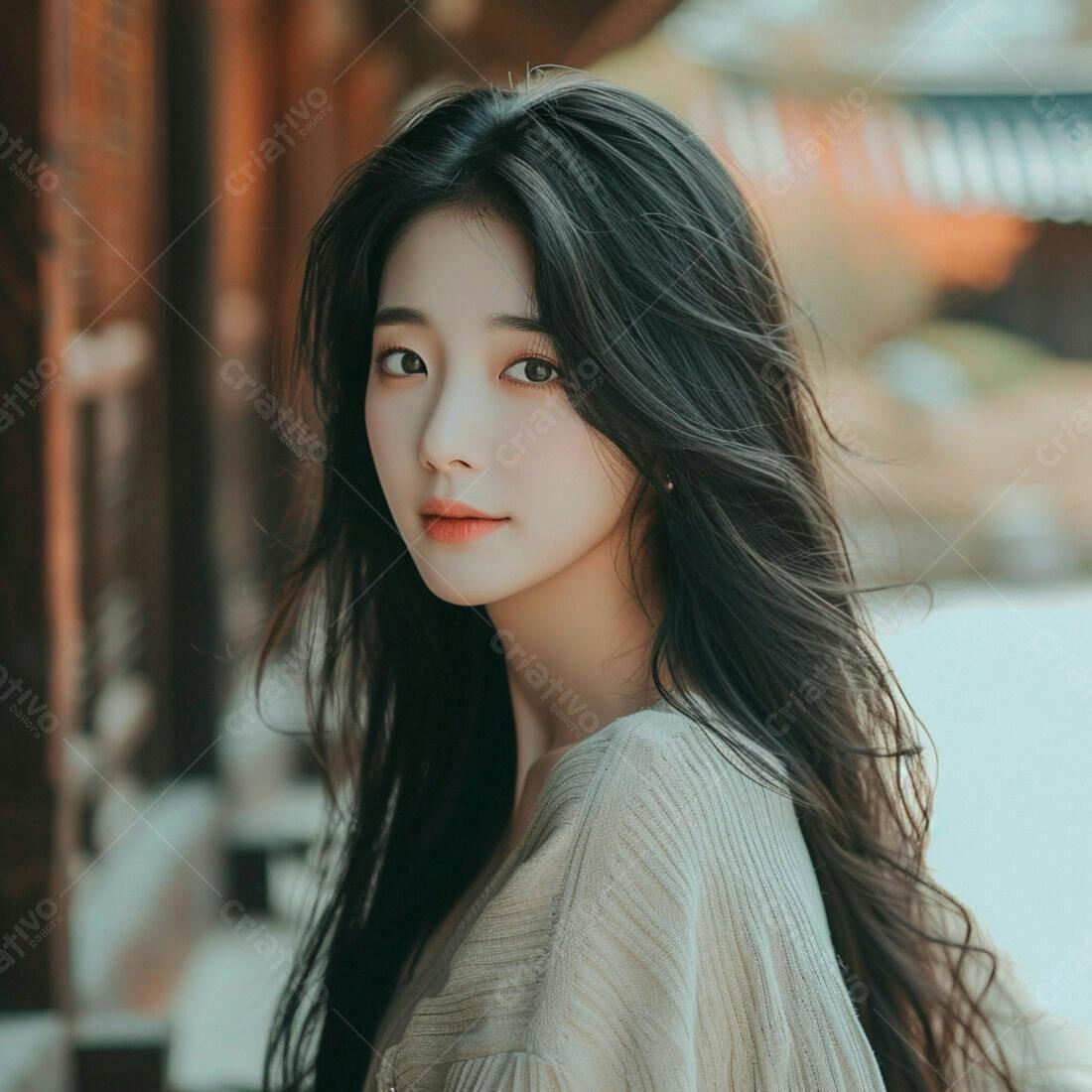 Mulher asiática com cabelo longo e cardigan bege