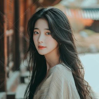 Mulher coreana com longos cabelos negros e olhos amendoados cativantes 32