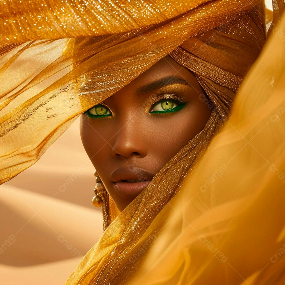 Modelo negra usando véu dourado no deserto