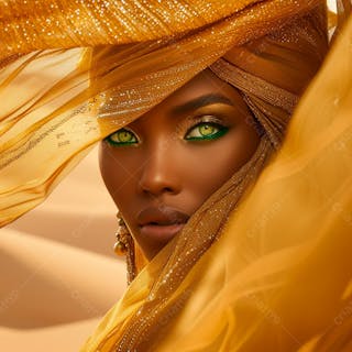 Imagem uma mulher negra olhos verdes, parada no meio de um deserto dourado 1
