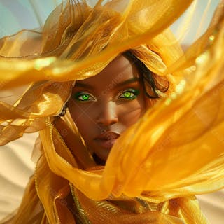 Imagem uma mulher negra olhos verdes, parada no meio de um deserto dourado 2