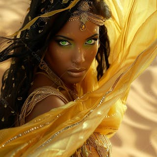Imagem uma mulher negra olhos verdes, parada no meio de um deserto dourado 3