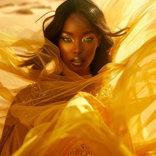 Imagem uma mulher negra olhos verdes, parada no meio de um deserto dourado 4
