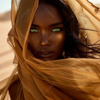 Imagem uma mulher negra olhos verdes, parada no meio de um deserto dourado 5