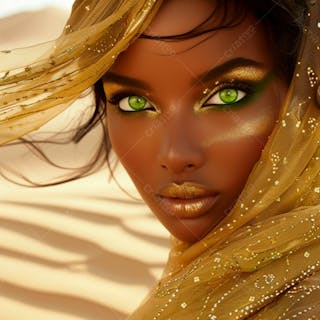 Imagem uma mulher negra olhos verdes, parada no meio de um deserto dourado 6
