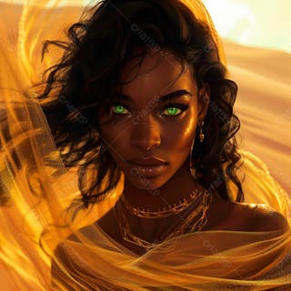 Imagem uma mulher negra olhos verdes, parada no meio de um deserto dourado 7