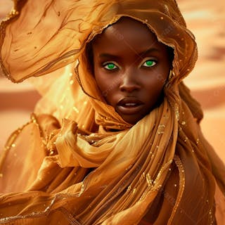 Imagem uma mulher negra olhos verdes, parada no meio de um deserto dourado 8