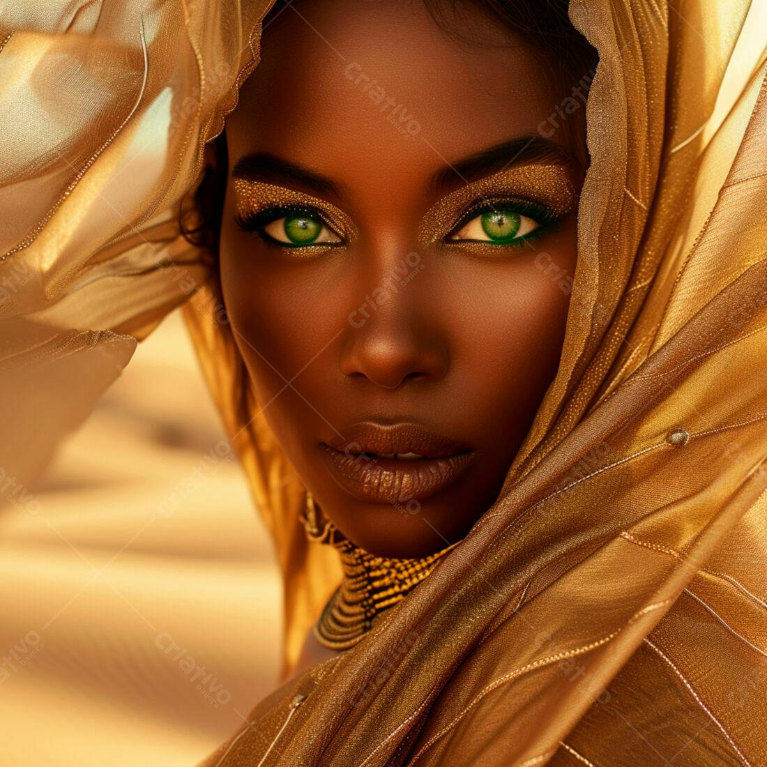 Modelo africana com véu dourado no deserto