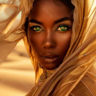 Imagem uma mulher negra olhos verdes, parada no meio de um deserto dourado 9