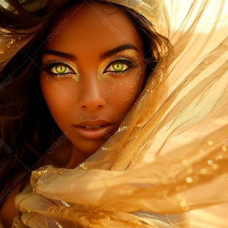 Imagem uma mulher negra olhos verdes, parada no meio de um deserto dourado 10