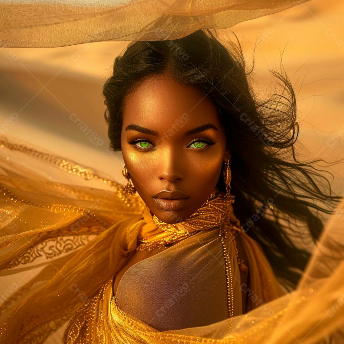 Mulher negra em vestido dourado no deserto