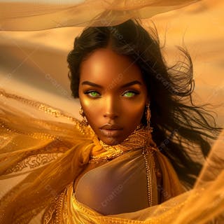 Imagem uma mulher negra olhos verdes, parada no meio de um deserto dourado 11