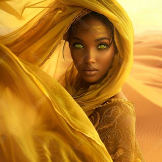Imagem uma mulher negra olhos verdes, parada no meio de um deserto dourado 12