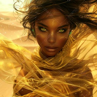 Imagem uma mulher negra olhos verdes, parada no meio de um deserto dourado 13