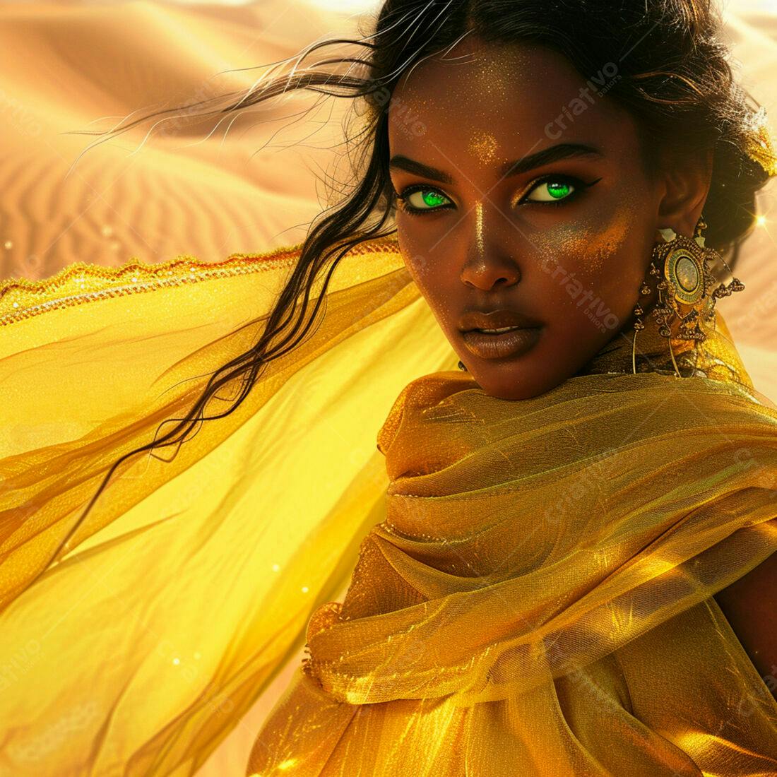 Mulher negra em véu dourado no deserto