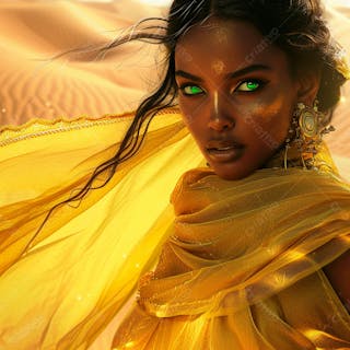 Imagem uma mulher negra olhos verdes, parada no meio de um deserto dourado 14