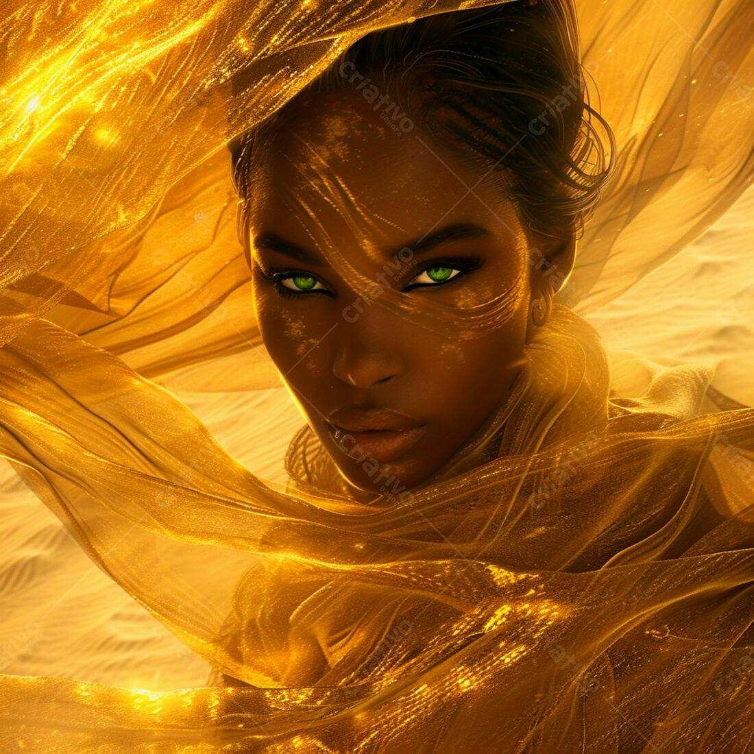 Mulher negra com véu dourado em deserto