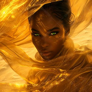 Imagem uma mulher negra olhos verdes, parada no meio de um deserto dourado 15