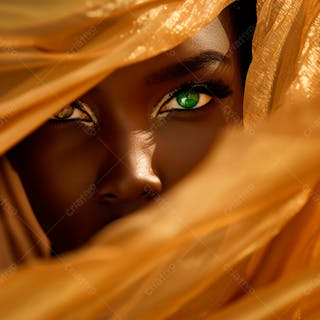 Imagem uma mulher negra olhos verdes, parada no meio de um deserto dourado 16