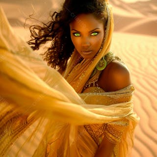 Imagem uma mulher negra olhos verdes, parada no meio de um deserto dourado 17