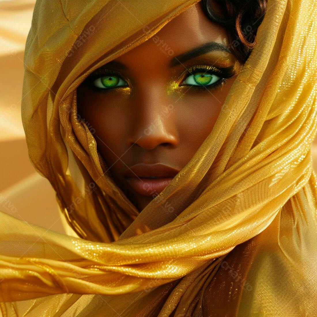 Mulher negra com véu dourado olhos verdes