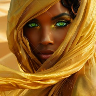 Imagem uma mulher negra olhos verdes, parada no meio de um deserto dourado 18