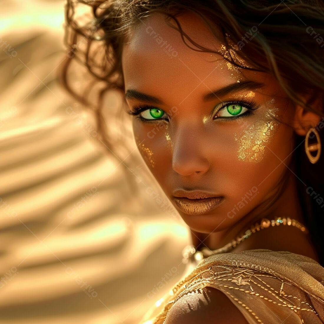 Mulher negra com maquiagem dourada e olhos verdes no deserto