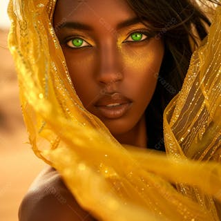 Imagem uma mulher negra olhos verdes, parada no meio de um deserto dourado 20