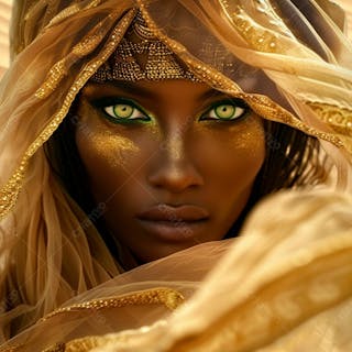 Imagem uma mulher negra olhos verdes, parada no meio de um deserto dourado 21