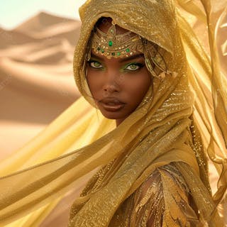 Imagem uma mulher negra olhos verdes, parada no meio de um deserto dourado 22