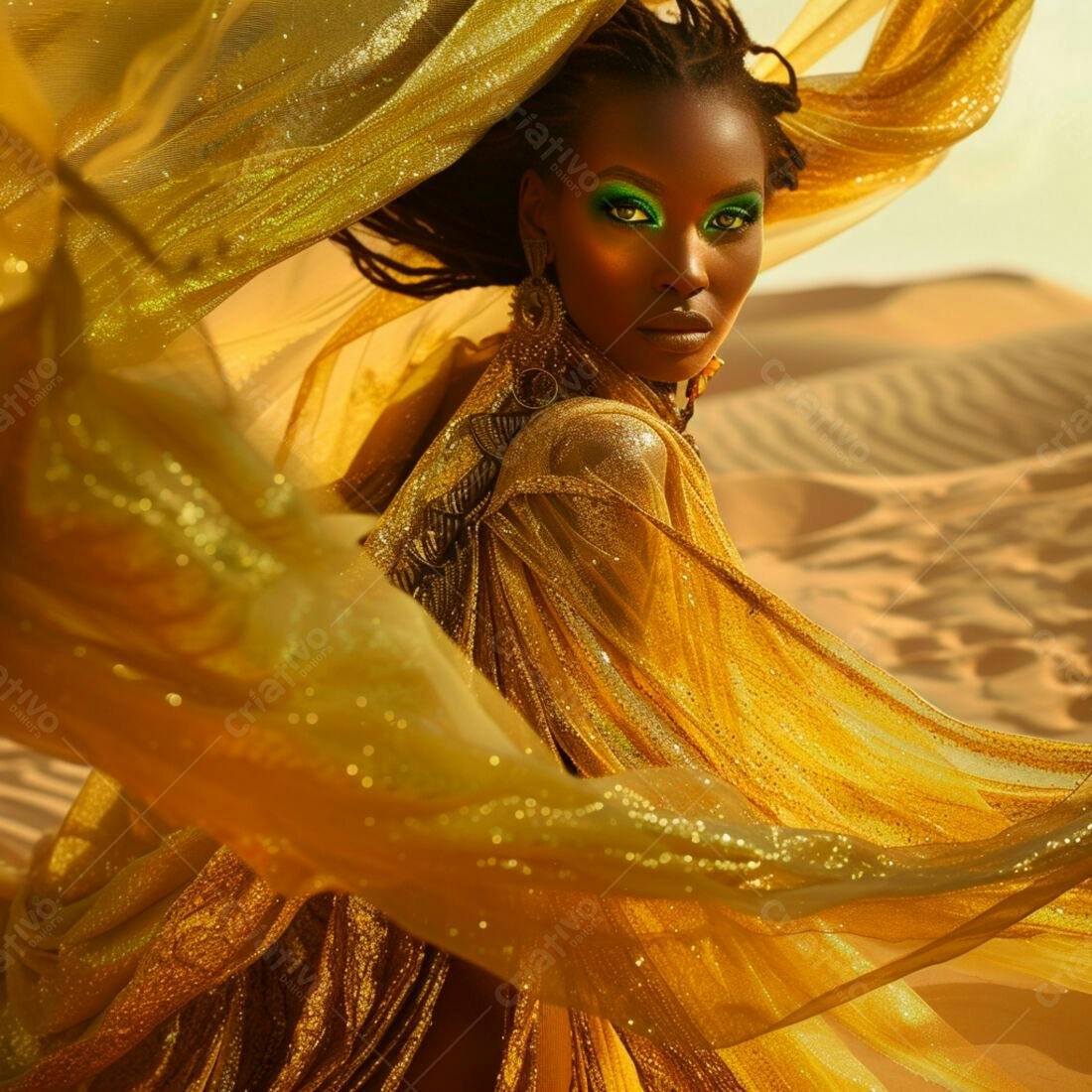Modelo Afrodescendente em vestido dourado no deserto