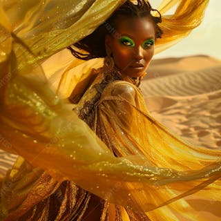 Imagem uma mulher negra olhos verdes, parada no meio de um deserto dourado 23