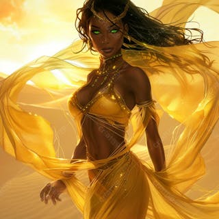 Imagem uma mulher negra olhos verdes, parada no meio de um deserto dourado 24