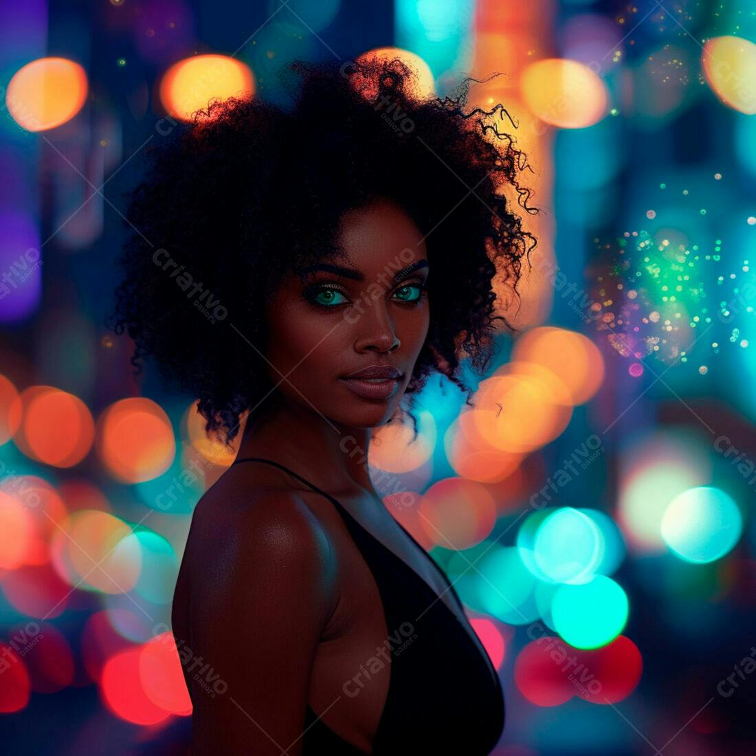 Modelo negra com olhos verdes em fundo de luzes noturnas
