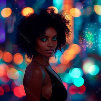 Imagem de uma mulher negra olhos verdes com luzes da cidade desfocadas no fundo 1