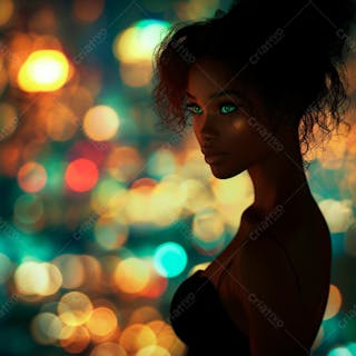 Imagem de uma mulher negra olhos verdes com luzes da cidade desfocadas no fundo 2