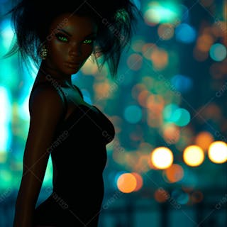 Imagem de uma mulher negra olhos verdes com luzes da cidade desfocadas no fundo 3