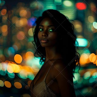 Imagem de uma mulher negra olhos verdes com luzes da cidade desfocadas no fundo 4