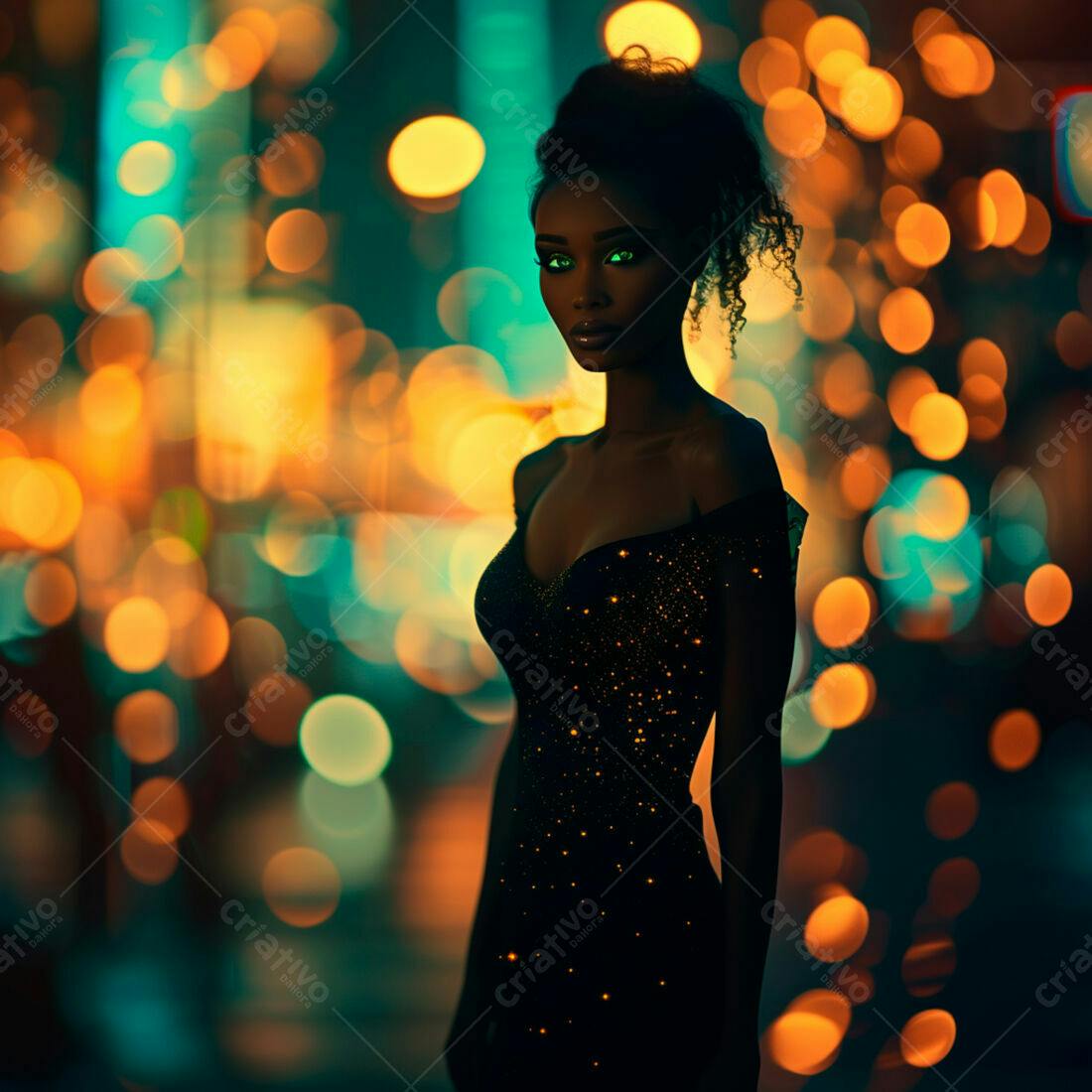 Modelo negra em vestido brilhante noite