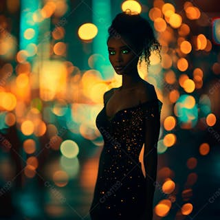 Imagem de uma mulher negra olhos verdes com luzes da cidade desfocadas no fundo 5