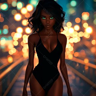 Imagem de uma mulher negra olhos verdes com luzes da cidade desfocadas no fundo 18