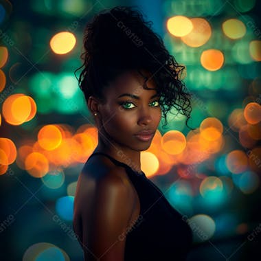 Imagem de uma mulher negra olhos verdes com luzes da cidade desfocadas no fundo 6