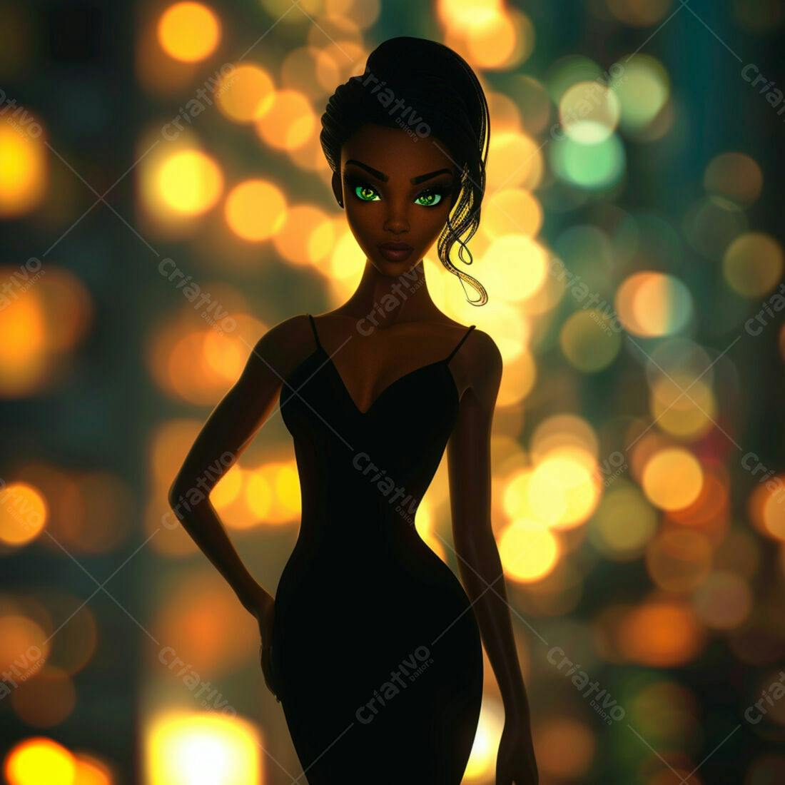 Modelo negra em vestido preto fundo luzes