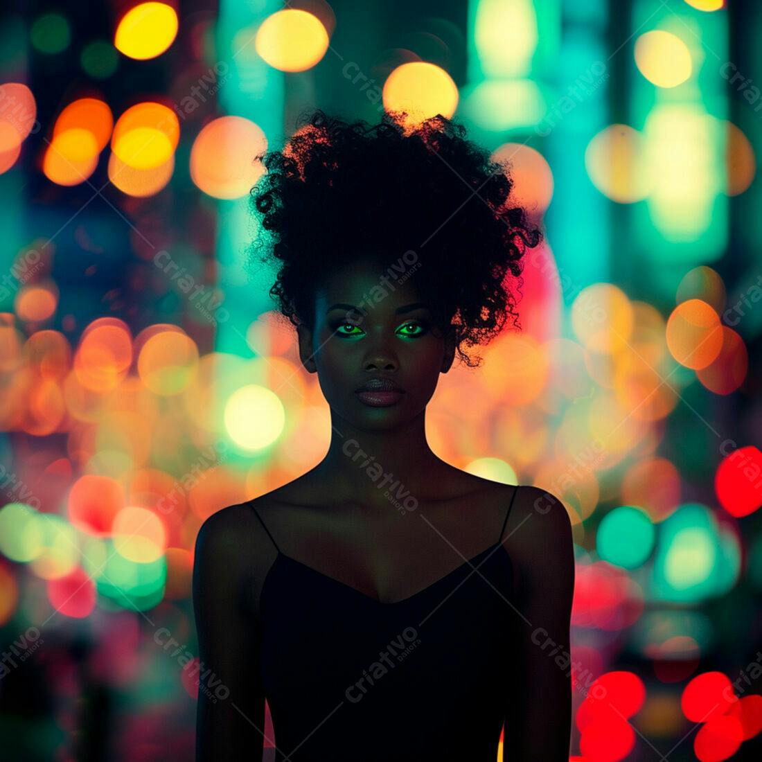 Mulher negra em bokeh noturno