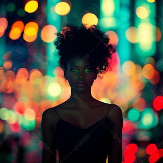 Imagem de uma mulher negra olhos verdes com luzes da cidade desfocadas no fundo 8