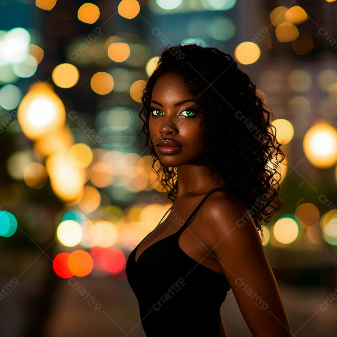 Modelo negra em cenário noturno com luzes coloridas