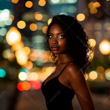 Imagem de uma mulher negra olhos verdes com luzes da cidade desfocadas no fundo 9