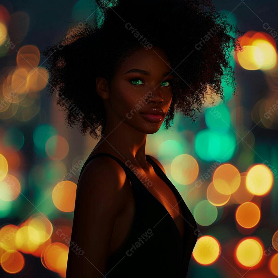 Modelo negra com cabelo afro em fundo de luzes noturnas